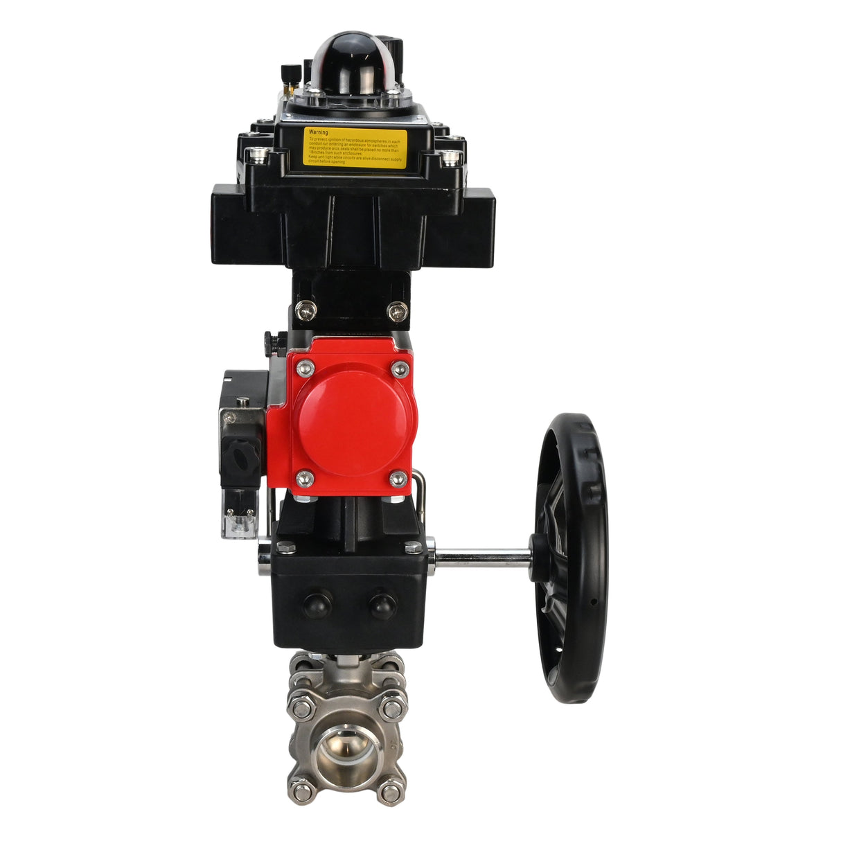 Stainless steel ball valve Elephant BVPP 316.200-ISO 63 bar SS316 full port, for welding, body material - stainless steel, pneumatic actuator Elephant DA, pneumatic distributor 4M310-08 24 V, limit switch block APL-410N EX, manual override HDM, air