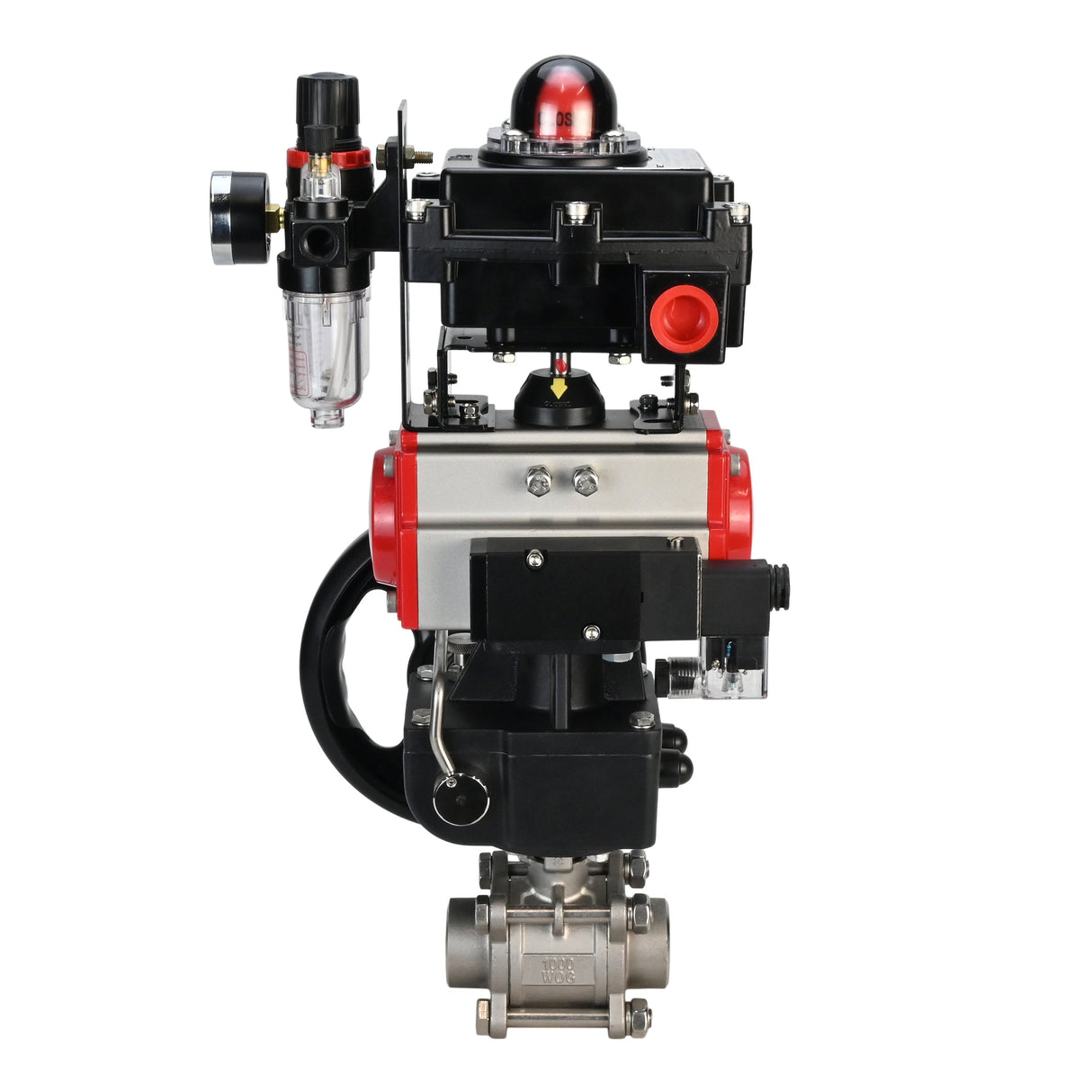 Stainless steel ball valve Elephant BVPP 316.200-ISO 63 bar SS316 full port, for welding, body material - stainless steel, pneumatic actuator Elephant DA, pneumatic distributor 4M310-08 24 V, limit switch block APL-410N EX, manual override HDM, air