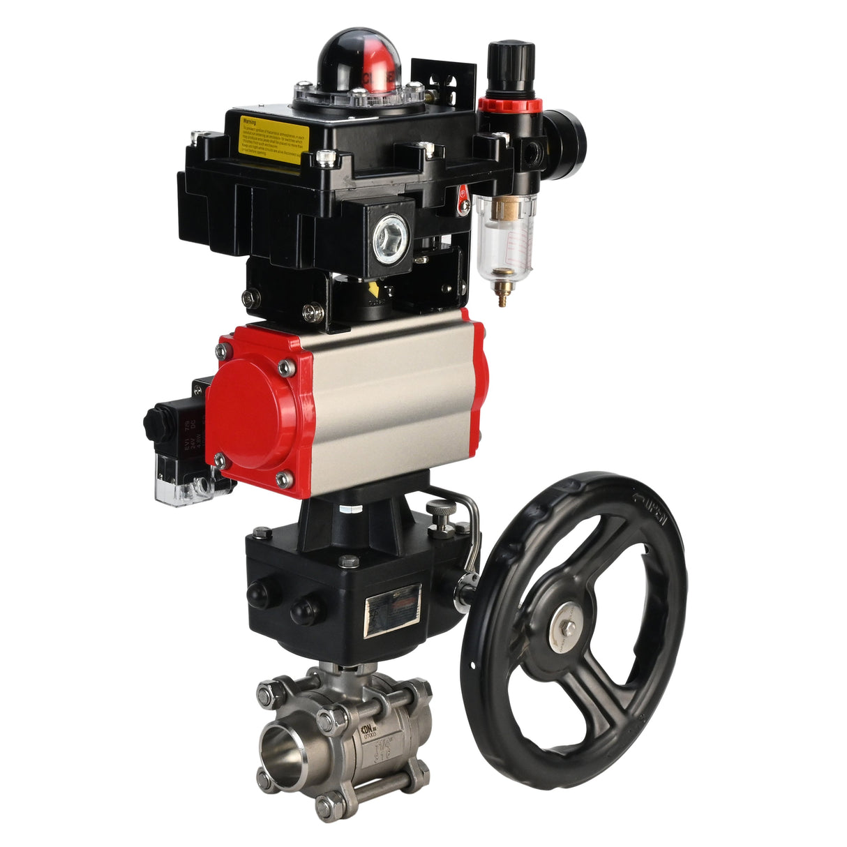Stainless steel ball valve Elephant BVPP 316.200-ISO 63 bar SS316 full port, for welding, body material - stainless steel, pneumatic actuator Elephant DA, pneumatic distributor 4M310-08 24 V, limit switch block APL-410N EX, manual override HDM, air