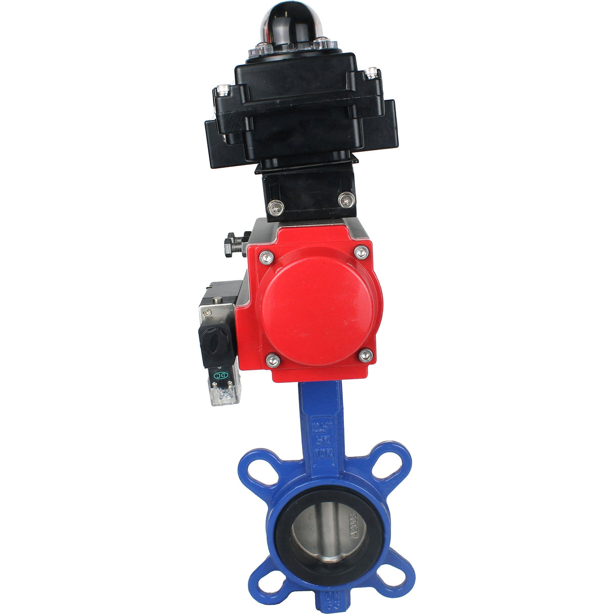 Vanne papillon à eau Elephant GG25-316L-NBR matériau du corps - fonte GG25, matériau du disque - acier inoxydable 316L, joint - NBR avec actionneur pneumatique DA, distributeur pneumatique 4M310-08 220V et bloc de fin de course APL-410N EX