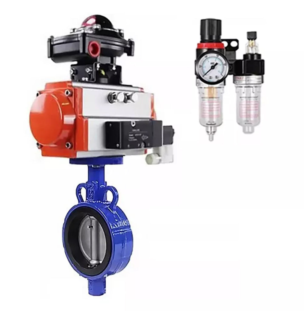 Vanne papillon d'eau Elephant WBV1432N-2W-Fb-H, matériau du corps - fonte GGG50, matériau du disque - acier inoxydable AISI 316L, joint - NBR, avec actionneur pneumatique avec ressorts de rappel PA-SA, 4V320-08 220V, BKV APL-410N EXBPV AFC2000