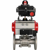 Stainless steel ball valve Elephant BVFPT-ISO.304.180 three-part, body material - stainless steel SS304, seal - PTFE, flanged, full port, pneumatic actuator Elephant SA, pneumatic distributor 4M310-08 220 V, limit switch block APL-410N EX