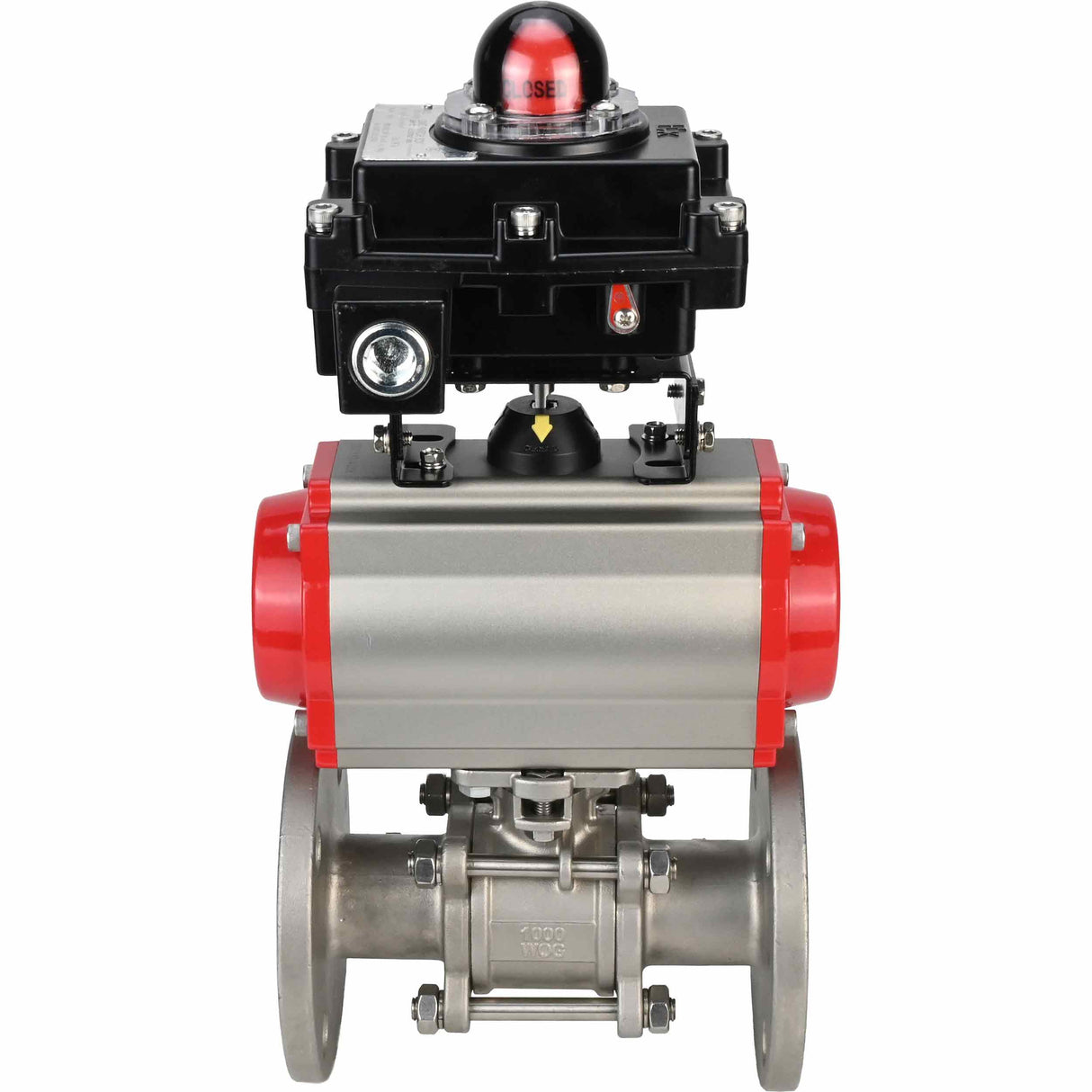 Stainless steel ball valve Elephant BVFPT-ISO.304.180 three-part, body material - stainless steel SS304, seal - PTFE, flanged, full port, pneumatic actuator Elephant SA, pneumatic distributor 4M310-08 220 V, limit switch block APL-410N EX