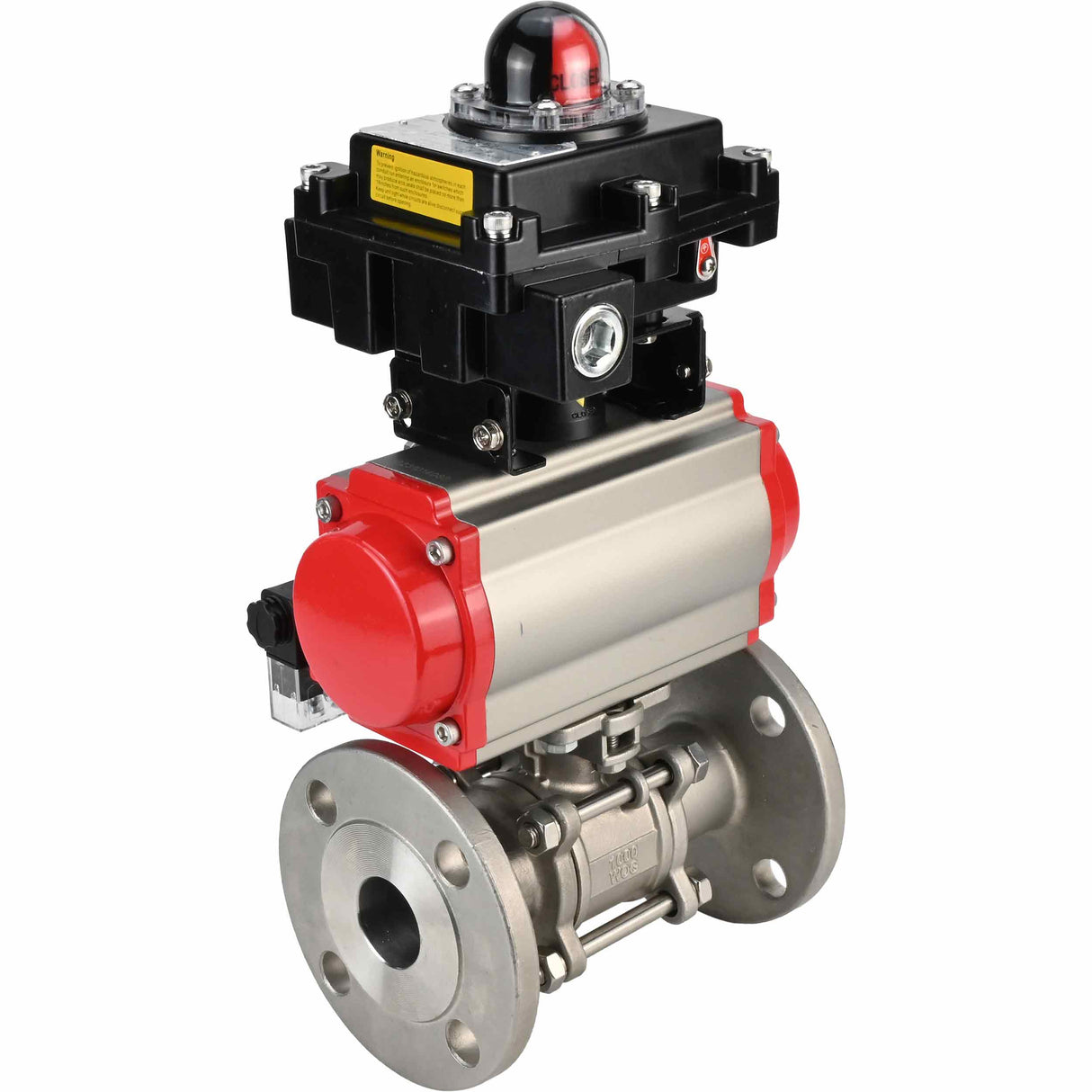 Stainless steel ball valve Elephant BVFPT-ISO.304.180 three-part, body material - stainless steel SS304, seal - PTFE, flanged, full port, pneumatic actuator Elephant SA, pneumatic distributor 4M310-08 220 V, limit switch block APL-410N EX
