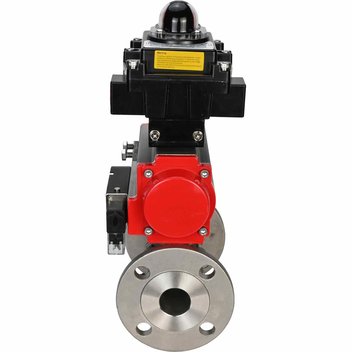 Stainless steel ball valve Elephant BVFPT-ISO.304.180 three-part, body material - stainless steel SS304, seal - PTFE, flanged, full port, pneumatic actuator Elephant SA, pneumatic distributor 4M310-08 220 V, limit switch block APL-410N EX
