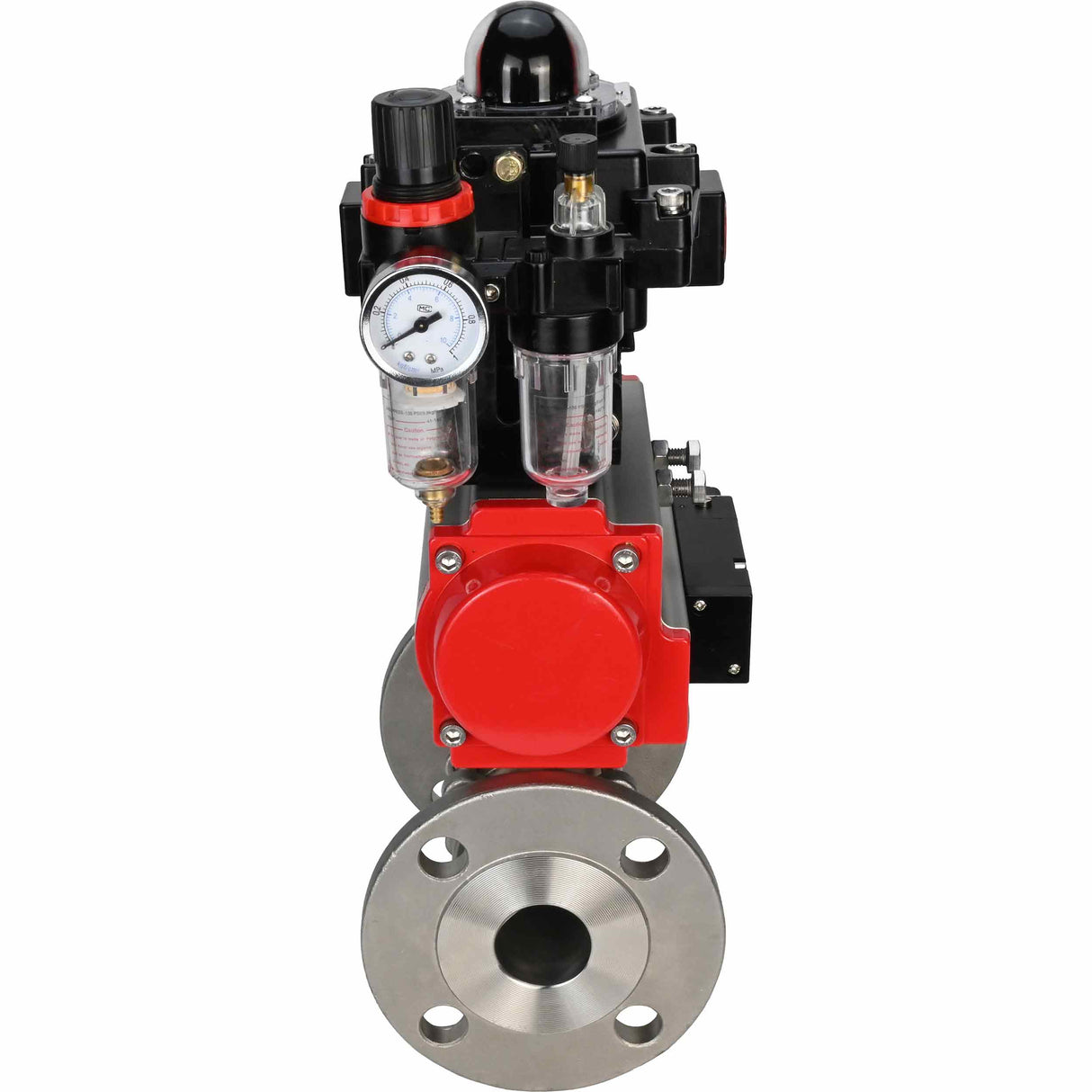 Stainless steel ball valve Elephant BVFPT-ISO.304.180 three-part, body material - stainless steel SS304, seal - PTFE, flanged, full port, pneumatic actuator Elephant DA, pneumatic distributor 4M310-08 220 V, limit switch block APL-410N EX, air