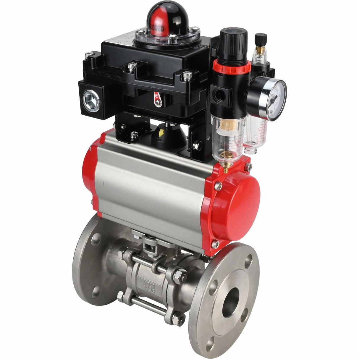 Stainless steel ball valve Elephant BVFPT-ISO.316.180 three-part, body material - stainless steel SS316, seal - PTFE, flanged, full port, pneumatic actuator Elephant SA, pneumatic distributor 4M310-08 220 V, limit switch block APL-410N EX, air