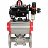 Stainless steel ball valve Elephant BVFPT-ISO.304.180 three-part, body material - stainless steel SS304, seal - PTFE, flanged, full port, pneumatic actuator Elephant DA, pneumatic distributor 4M310-08 220 V, limit switch block APL-410N EX, air