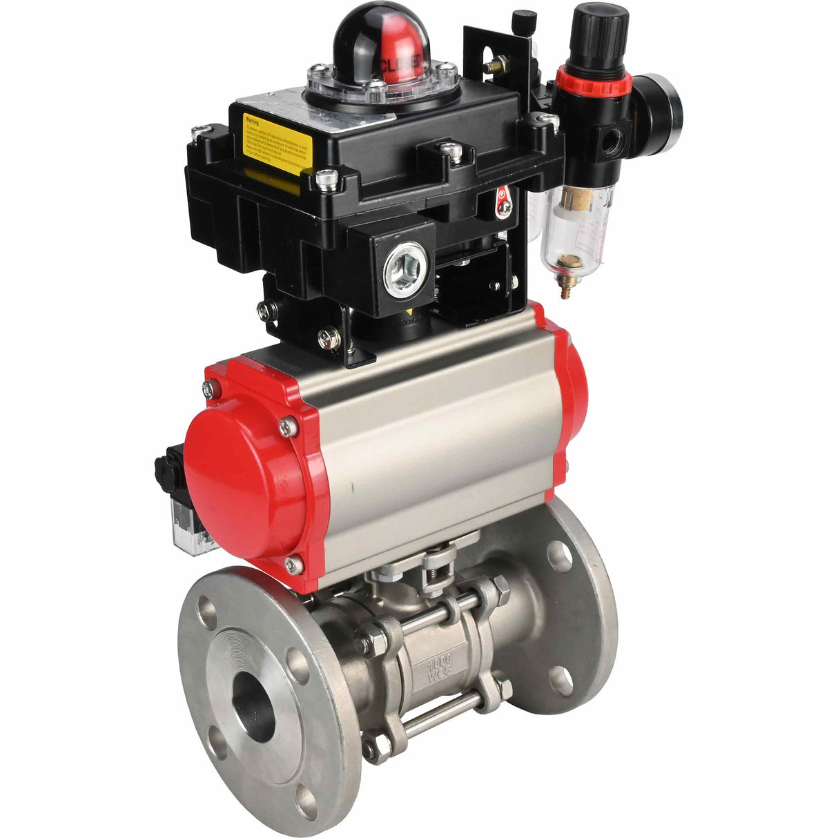 Stainless steel ball valve Elephant BVFPT-ISO.316.180 three-part, body material - stainless steel SS316, seal - PTFE, flanged, full port, pneumatic actuator Elephant SA, pneumatic distributor 4M310-08 220 V, limit switch block APL-410N EX, air