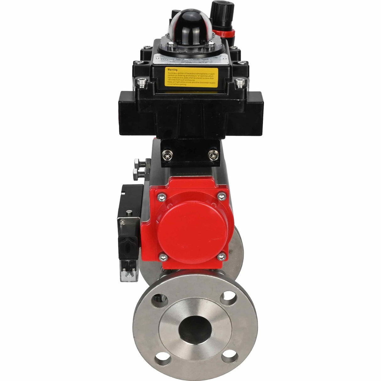 Stainless steel ball valve Elephant BVFPT-ISO.316.180 three-part, body material - stainless steel SS316, seal - PTFE, flanged, full port, pneumatic actuator Elephant SA, pneumatic distributor 4M310-08 220 V, limit switch block APL-410N EX, air