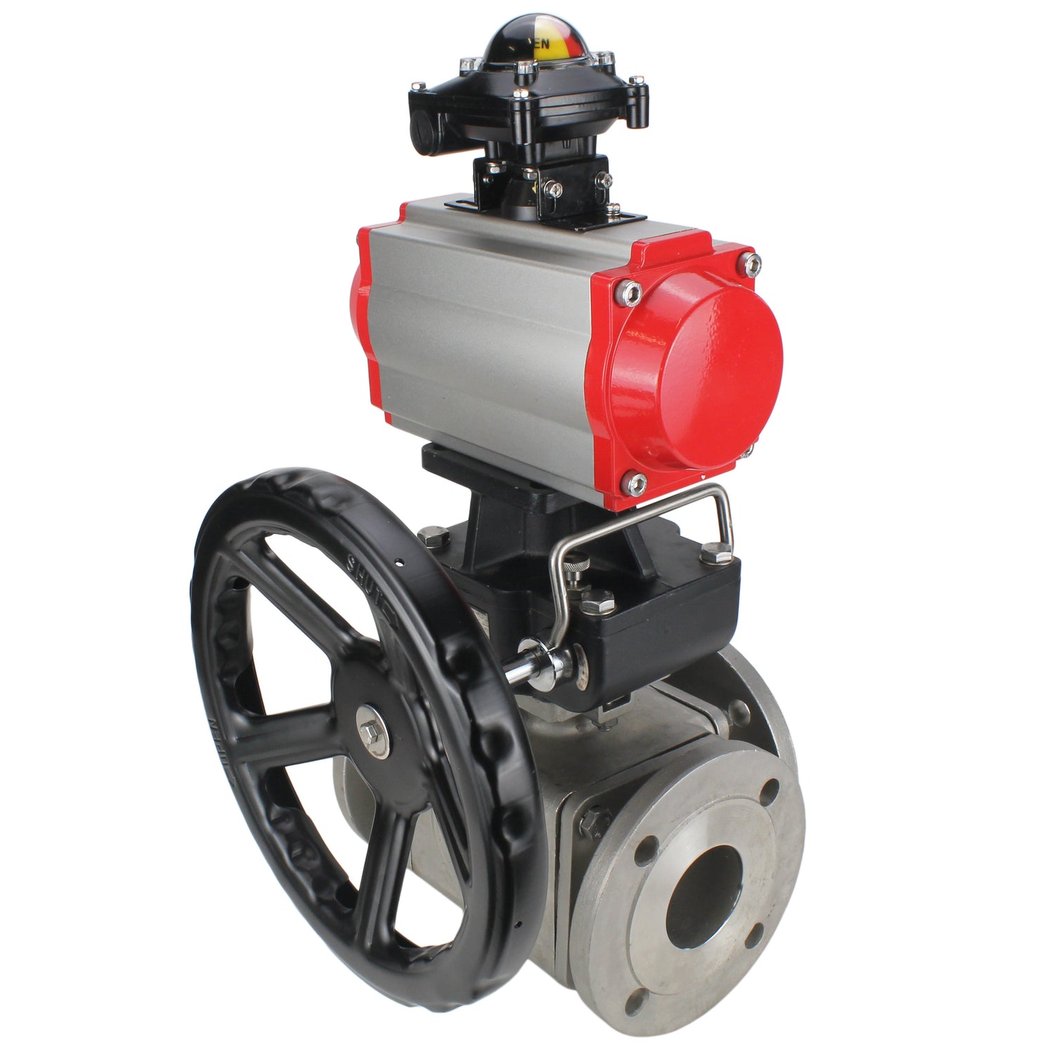 Ball valves Elephant BV3232P(4pc)-FP-3WL-F-ISO-H 16 bar full bore, flanged, body - stainless steel SS316, ISO flange F03/F04-F10/F12, square 9x9-19x19, with pneumatic drive PA-DA double action, LSU APL-210N and manual Doubler MON3-700-T38