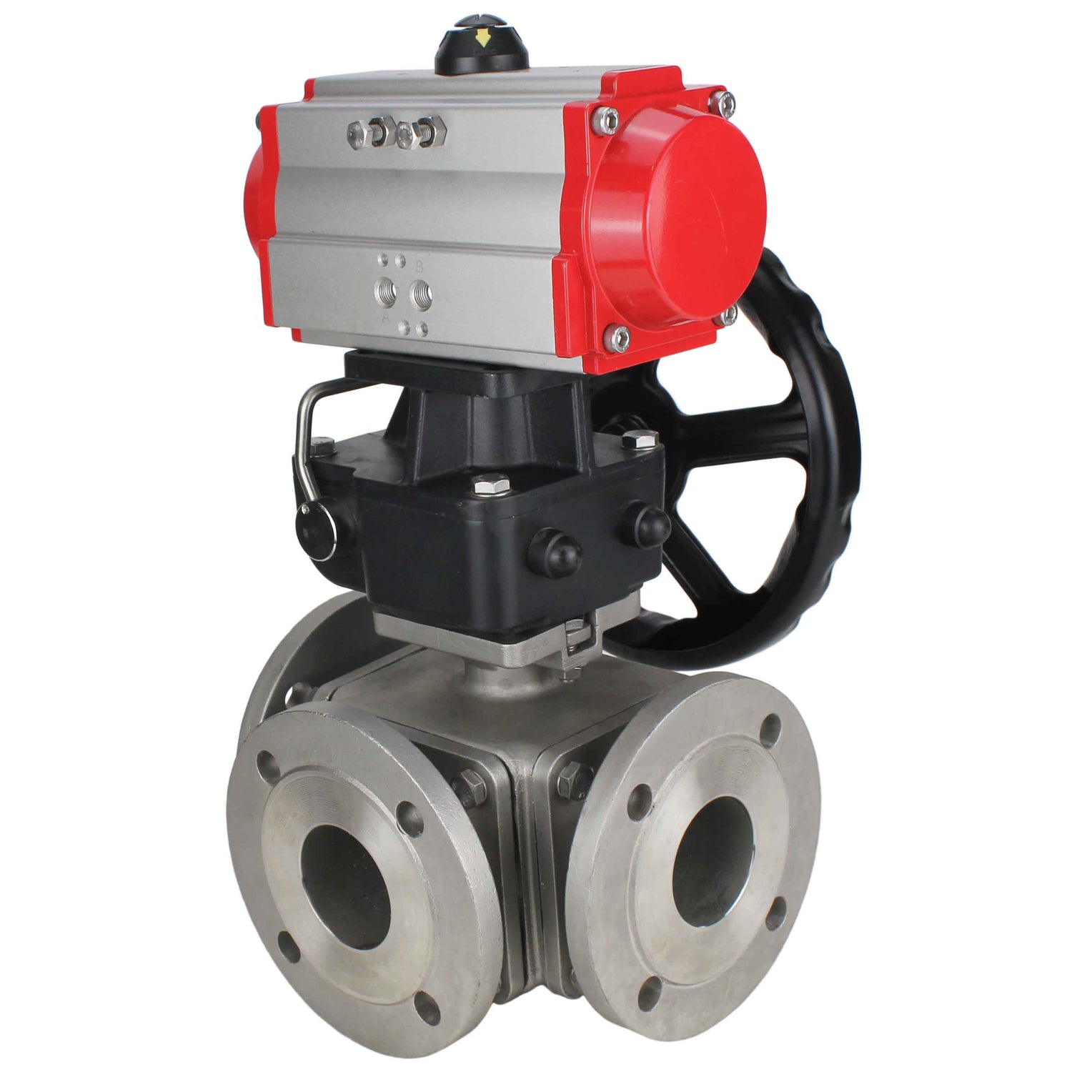 Ball valves Elephant BV3232P(4pc)-FP-3WL-F-ISO-H 16 bar full bore, flanged, body - stainless steel SS316, ISO flange F03/F04-F10/F12, square 9x9-19x19, with pneumatic drive Elephant PA-DA double action and manual Doubler MON3-700-T38-ISO
