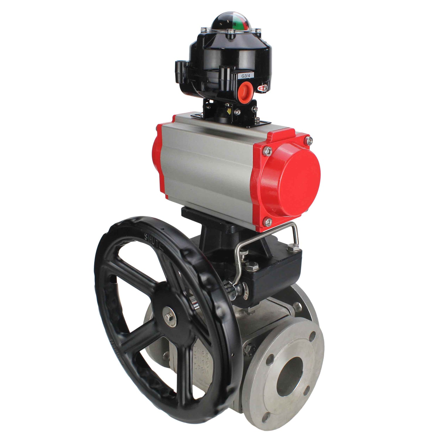 Ball valves Elephant BV3232P(4pc)-FP-3WL-F-ISO-H 16 bar full bore, flanged, body - stainless steel SS316, ISO flange F03/F04-F10/F12, square 9x9-19x19, with pneumatic drive PA-DA, LSU APL-510N EX and Doubler MON3-700-T38-ISO