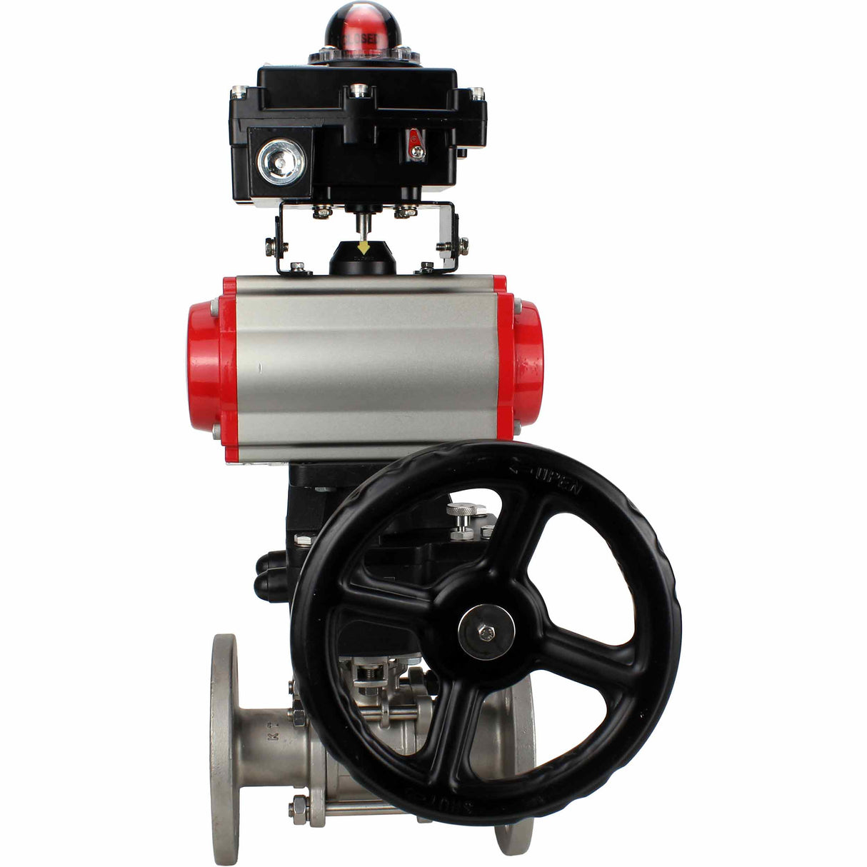 Stainless steel ball valve Elephant BVFPT-ISO.316.180 three-part, body material - stainless steel SS316, seal - PTFE, flanged, full port, pneumatic actuator Elephant DA, pneumatic distributor 4M310-08 220 V, limit switch block APL-410N EX, manual