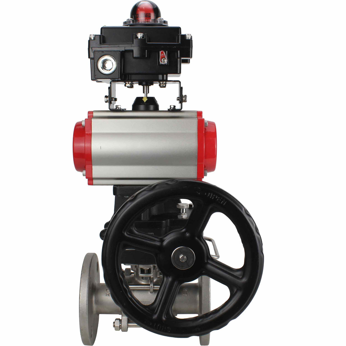 Stainless steel ball valve Elephant BVFPT-ISO.316.180 three-part, body material - stainless steel SS316, seal - PTFE, flanged, full port, pneumatic actuator Elephant DA, limit switch block APL-410N EX, manual override HDM