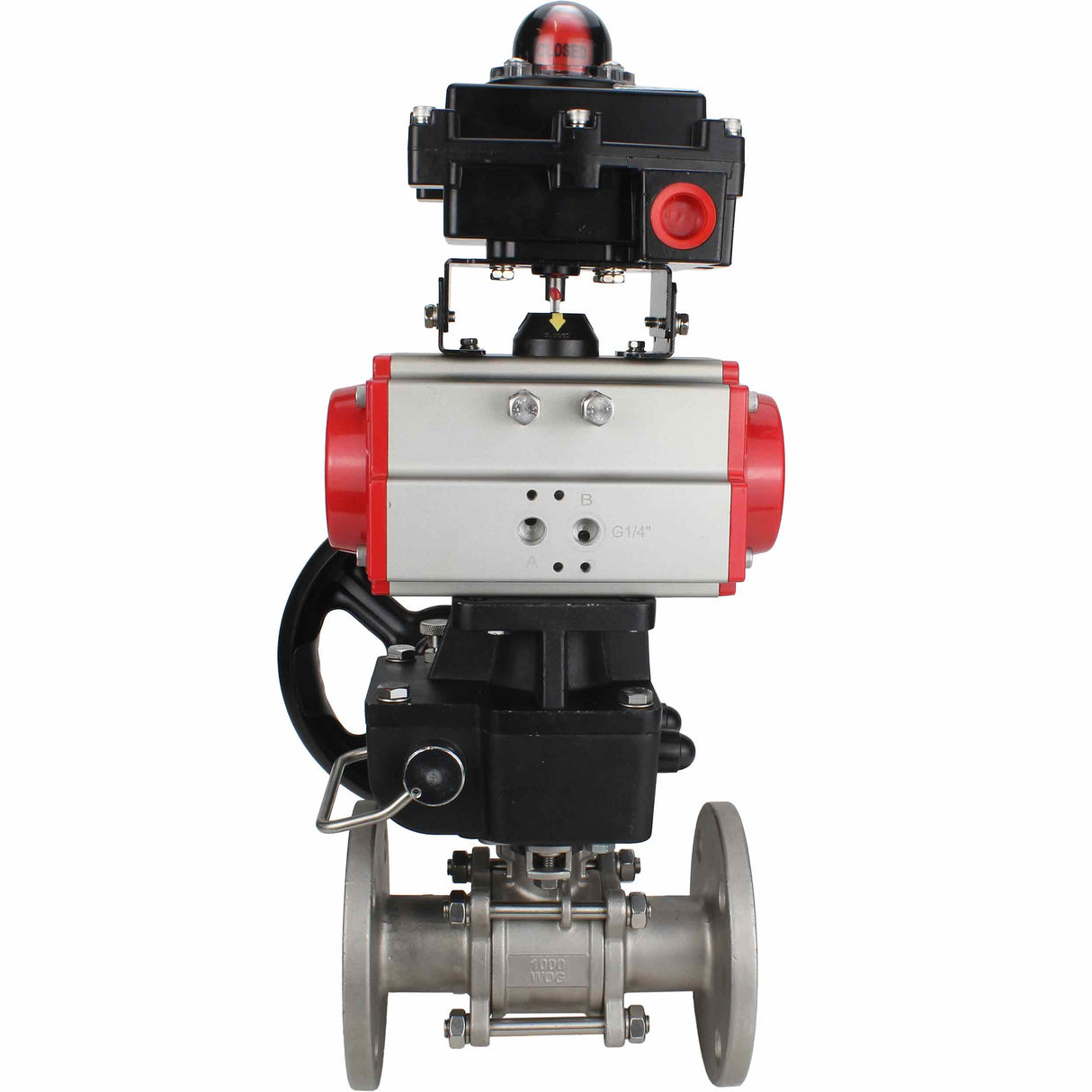 Stainless steel ball valve Elephant BVFPT-ISO.316.180 three-part, body material - stainless steel SS316, seal - PTFE, flanged, full port, pneumatic actuator Elephant DA, limit switch block APL-410N EX, manual override HDM