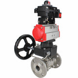 Stainless steel ball valve Elephant BVFPT-ISO.316.180 three-part, body material - stainless steel SS316, seal - PTFE, flanged, full port, pneumatic actuator Elephant DA, limit switch block APL-410N EX, manual override HDM