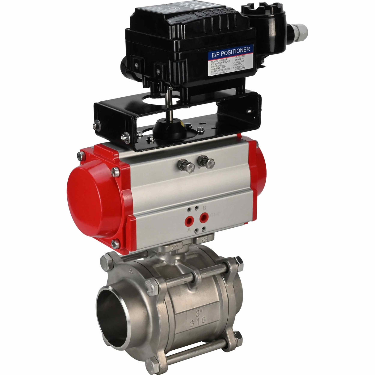 Robinet à boisseau sphérique en acier inoxydable Elephant kshpp-316200-da-yt1000rsi, matériau du corps - acier inoxydable AISI 316, matériau de la bille - acier inoxydable AISI 316, joint - PTFE, actionné par actionneur pneumatique