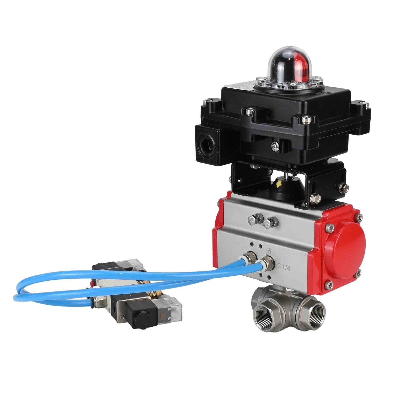 Ball valves Elephant BV3232P(4pc)-SP-3WL-T-ISO-H,  body material - Stainless steel AISI 316, seal - PTFE / PTFE / Teflon, with pneumatic actuator with return springs PA-SA, 4V320-10 220V, LSU APL-410N Ex