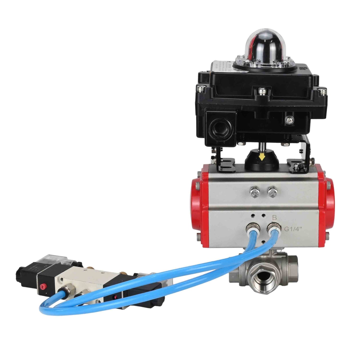 Ball valves Elephant BV3232P(4pc)-SP-3WL-T-ISO-H,  body material - Stainless steel AISI 316, seal - PTFE / PTFE / Teflon, with pneumatic actuator double action PA-DA, 4V320-08 220V, LSU APL-410N Ex