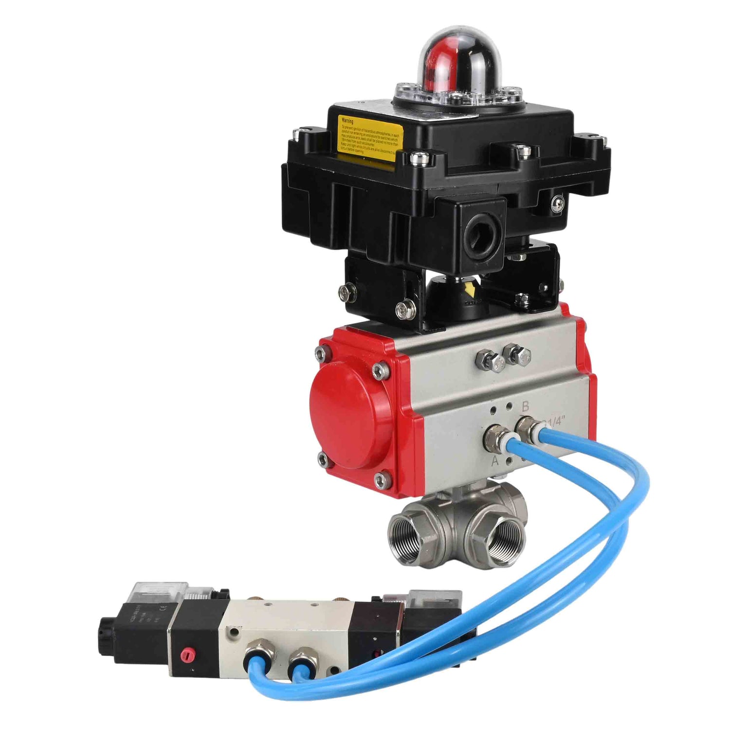 Ball valves Elephant BV3232P(4pc)-SP-3WL-T-ISO-H,  body material - Stainless steel AISI 316, seal - PTFE / PTFE / Teflon, with pneumatic actuator with return springs PA-SA, 4V320-08 220V, LSU APL-410N Ex