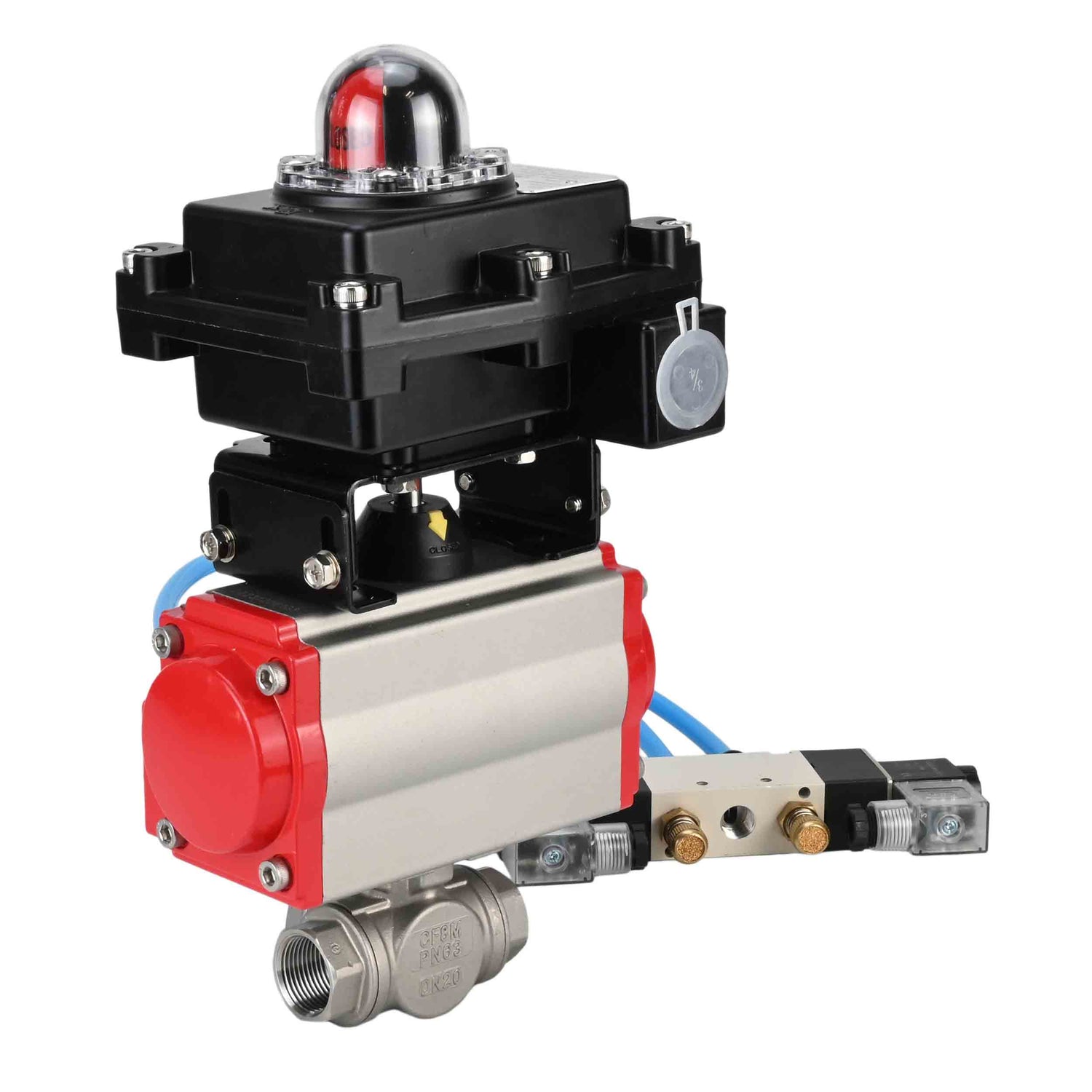 Ball valves Elephant BV3232P(4pc)-SP-3WL-T-ISO-H,  body material - Stainless steel AISI 316, seal - PTFE / PTFE / Teflon, with pneumatic actuator with return springs PA-SA, 4V320-10 220V, LSU APL-410N Ex