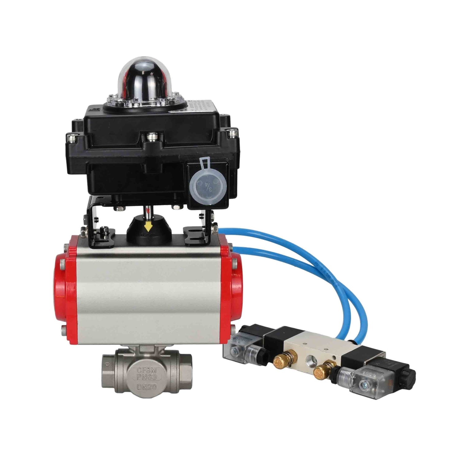 Ball valves Elephant BV3232P(4pc)-SP-3WL-T-ISO-H,  body material - Stainless steel AISI 316, seal - PTFE / PTFE / Teflon, with pneumatic actuator with return springs PA-SA, 4V320-08 220V, LSU APL-410N Ex