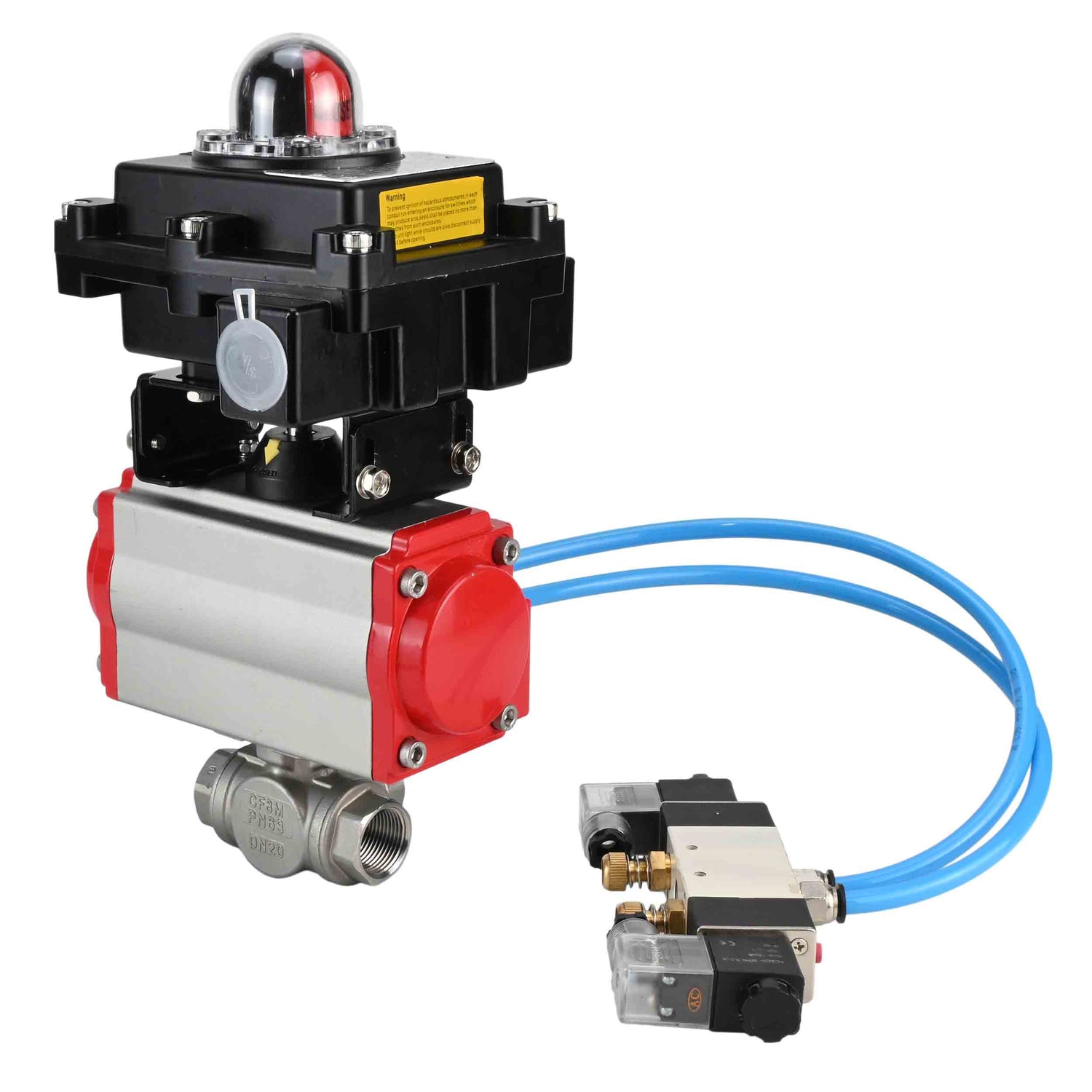 Ball valves Elephant BV3232P(4pc)-SP-3WL-T-ISO-H,  body material - Stainless steel AISI 316, seal - PTFE / PTFE / Teflon, with pneumatic actuator with return springs PA-SA, 4V320-08 220V, LSU APL-410N Ex