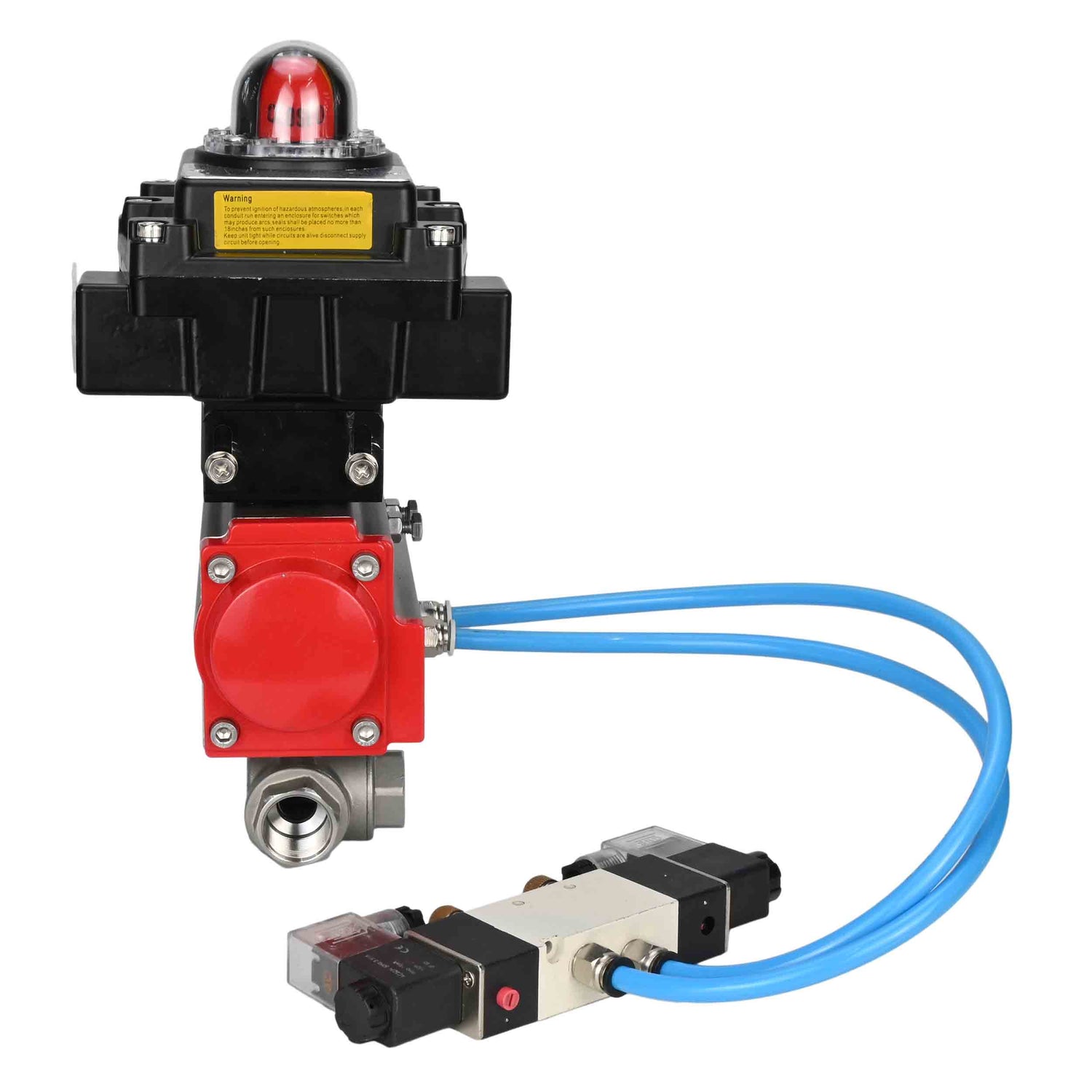 Ball valves Elephant BV3232P(4pc)-SP-3WL-T-ISO-H,  body material - Stainless steel AISI 316, seal - PTFE / PTFE / Teflon, with pneumatic actuator with return springs PA-SA, 4V320-10 220V, LSU APL-410N Ex