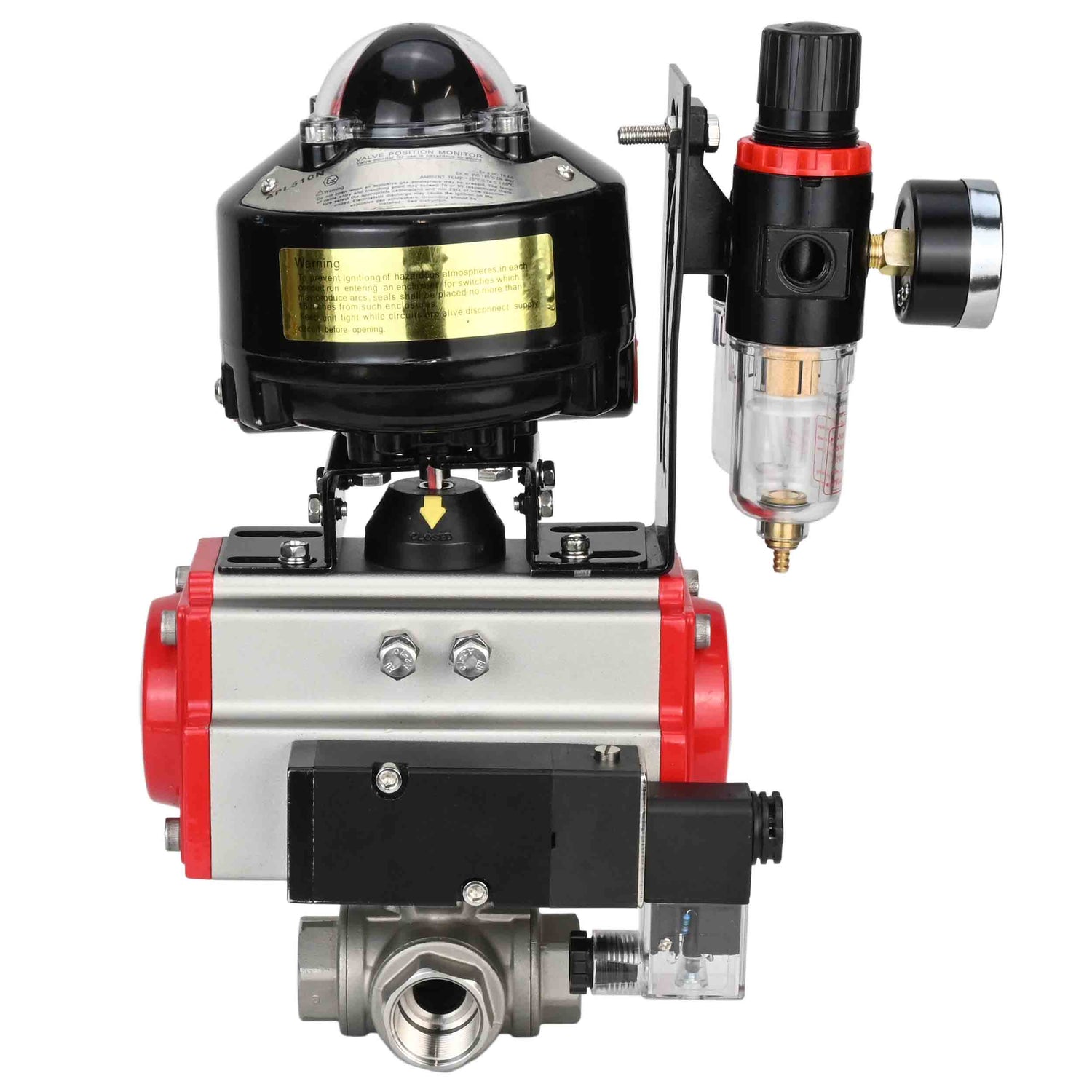 Ball valves Elephant BV3232P-SP-3L-T 3-way L-type, threaded, standard bore, stainless steel body. steel SS316, seal - PTFE, with pneumatic drive Elephant PA-SA 052-105 pneumatic distributor 4M310-08 NAMUR 220V ATU AFC2000 APL-510N-EX