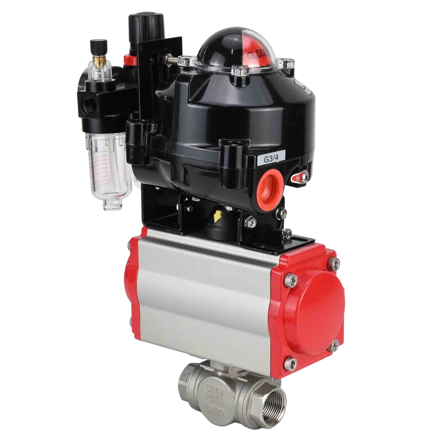 Ball valves Elephant BV3232P-SP-3L-T 3-way L-type, threaded, standard bore, stainless steel body. steel SS316, seal - PTFE, with pneumatic drive Elephant PA-DA 052-083 pneumatic distributor 4M310-08 NAMUR 220V ATU AFC2000 LSU APL-510N-EX