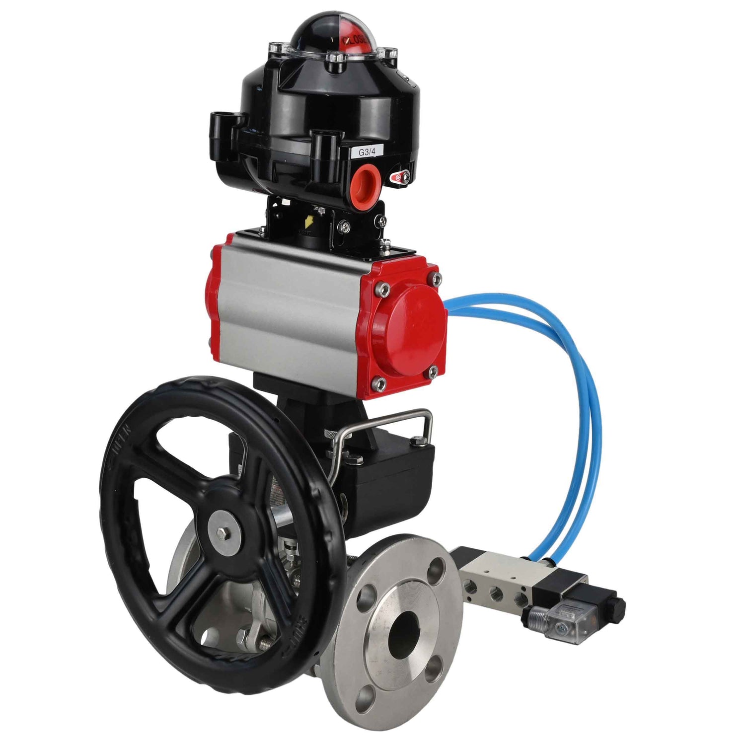 Ball valves Elephant BV3131P(3pc)-FP-F-ISO-H flanged, full bore, three-piece, stainless steel body. steel SS304, seal - PTFE, with pneumatic drive Elephant PA-DA 052-130 pneumatic distributor 4V320-10 gearbox MON LSU APL-510N-EX