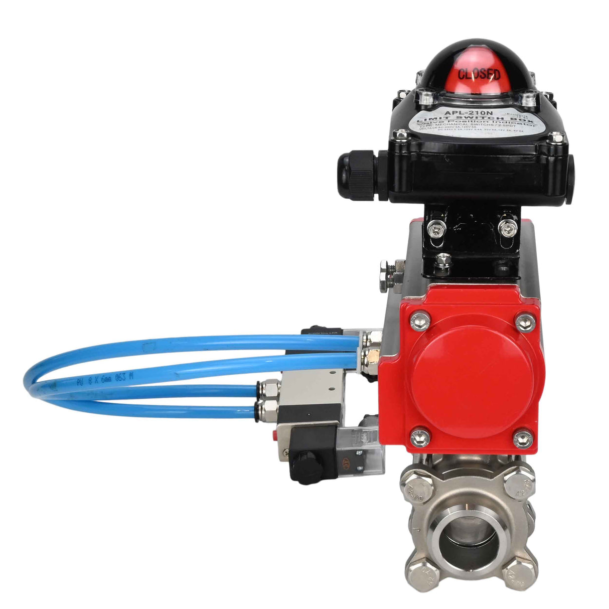 Vannes à boisseau sphérique Elephant BV3232P(3pc)-FP-W-ISO-H 16 bar/25, passage intégral à souder, acier inoxydable SS316, joint - PTFE, avec actionneur pneumatique double effet PA-DA, avec distributeur pneumatique 4V320-08 220V, avec BKV APL-210N