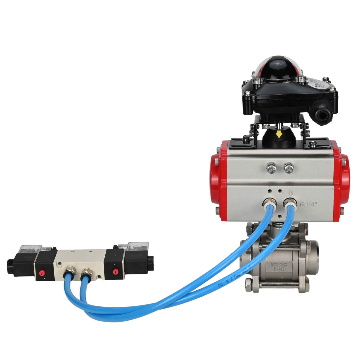 Vannes à boisseau sphérique Elephant BV3232P(3pc)-FP-W-ISO-H 16 bar/25, passage intégral à souder, acier inoxydable SS316, joint - PTFE, avec actionneur pneumatique double effet PA-DA, avec distributeur pneumatique 4V320-08 220V, avec BKV APL-210N