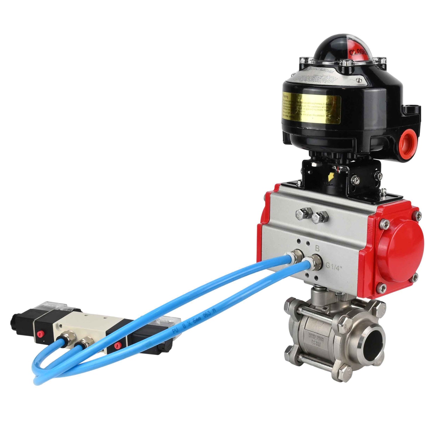 Vannes à boisseau sphérique Elephant BV3232P(3pc)-FP-W-ISO-H à souder, passage intégral, corps - acier inoxydable SS316, joint - PTFE, avec actionneur pneumatique Elephant PA-SA 052- 130 distributeur pneumatique 4V320-10 raccordement DN10 BKV APL-510N-EX