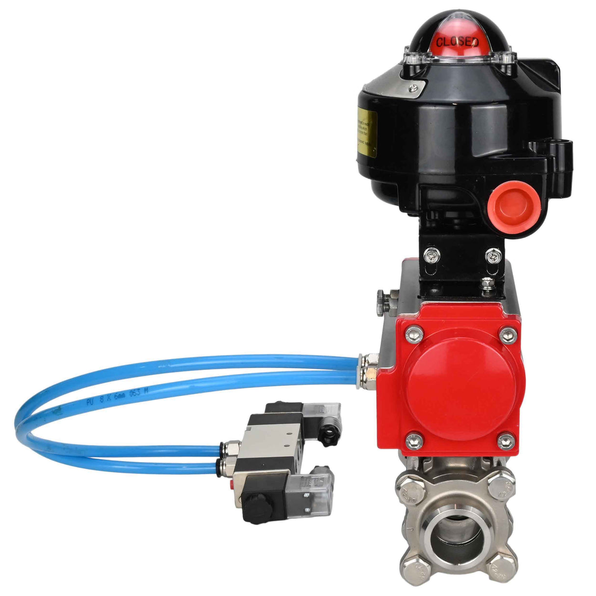 Vannes à boisseau sphérique Elephant BV3232P(3pc)-FP-W-ISO-H à souder, passage intégral, corps - acier inoxydable SS316, joint - PTFE, avec actionneur pneumatique Elephant PA-DA 052- 083 distributeur pneumatique 4V320-08 raccordement DN8 BKV APL-510N-EX