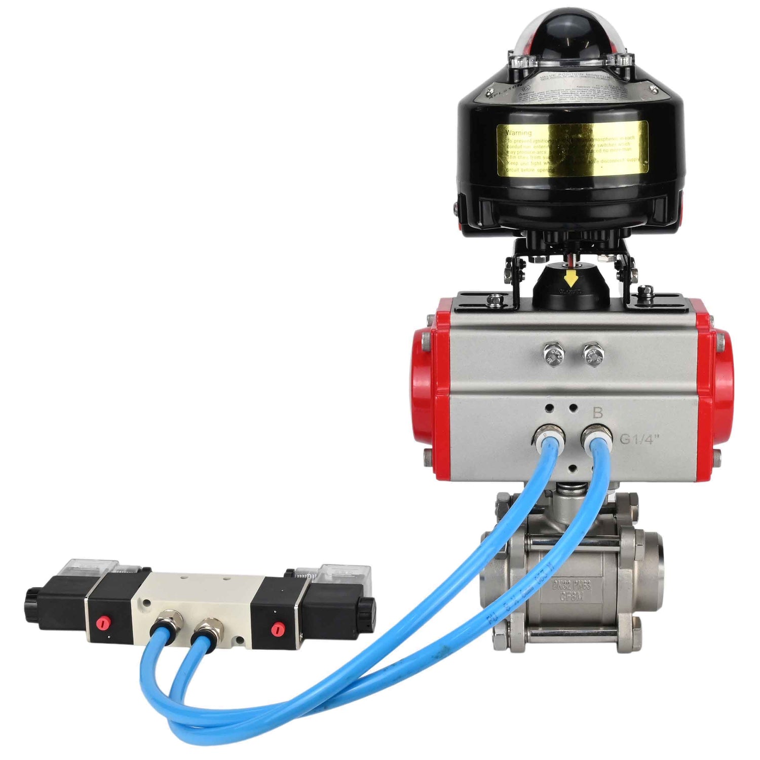 Vannes à boisseau sphérique Elephant BV3232P(3pc)-FP-W-ISO-H à souder, passage intégral, corps - acier inoxydable SS316, joint - PTFE, avec actionneur pneumatique Elephant PA-DA 052- 083 distributeur pneumatique 4V320-10 raccordement DN10 BKV APL-510N-EX