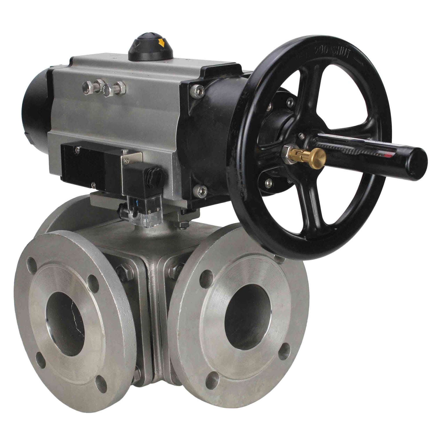 Ball valves Elephant BV3232P(4pc)-FP-3WL-F-ISO-H DN100 16 bar full bore, flanged, body - stainless steel SS316, ISO flange F10/F12, square 19x19, with double pneumatic actuator PA-DA-105-1 action and pneumatic distributor 4M310-08 NAMUR 24V