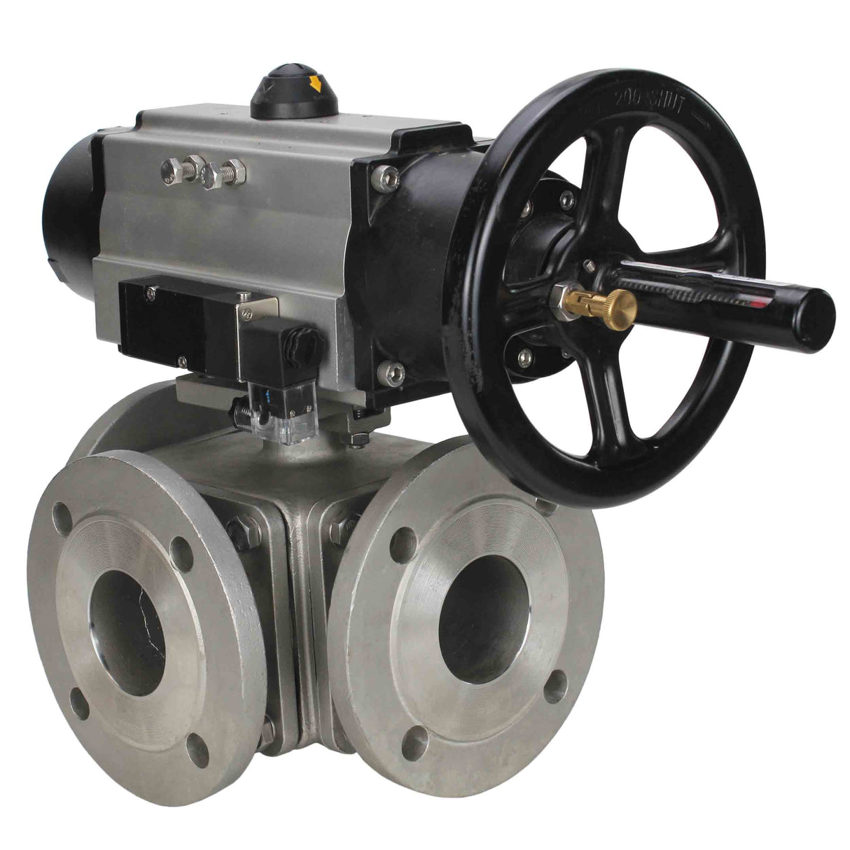 Ball valves Elephant BV3232P(4pc)-FP-3WL-F-ISO-H DN100 16 bar full bore, flanged, body - stainless steel SS316, ISO flange F10/F12, square 19x19, with double pneumatic actuator PA-DA-105-1 action and pneumatic distributor 4M310-08 220V