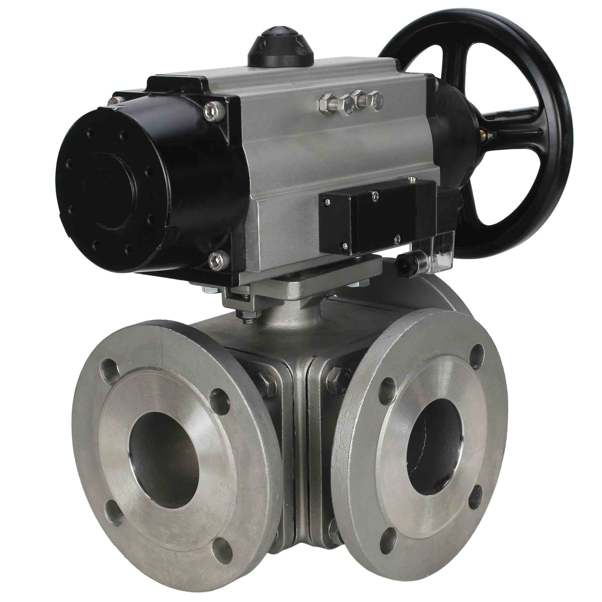 Ball valves Elephant BV3232P(4pc)-FP-3WL-F-ISO-H DN100 16 bar full bore, flanged, body - stainless steel SS316, ISO flange F10/F12, square 19x19, with double pneumatic actuator PA-DA-105-1 action and pneumatic distributor 4M310-08 220V