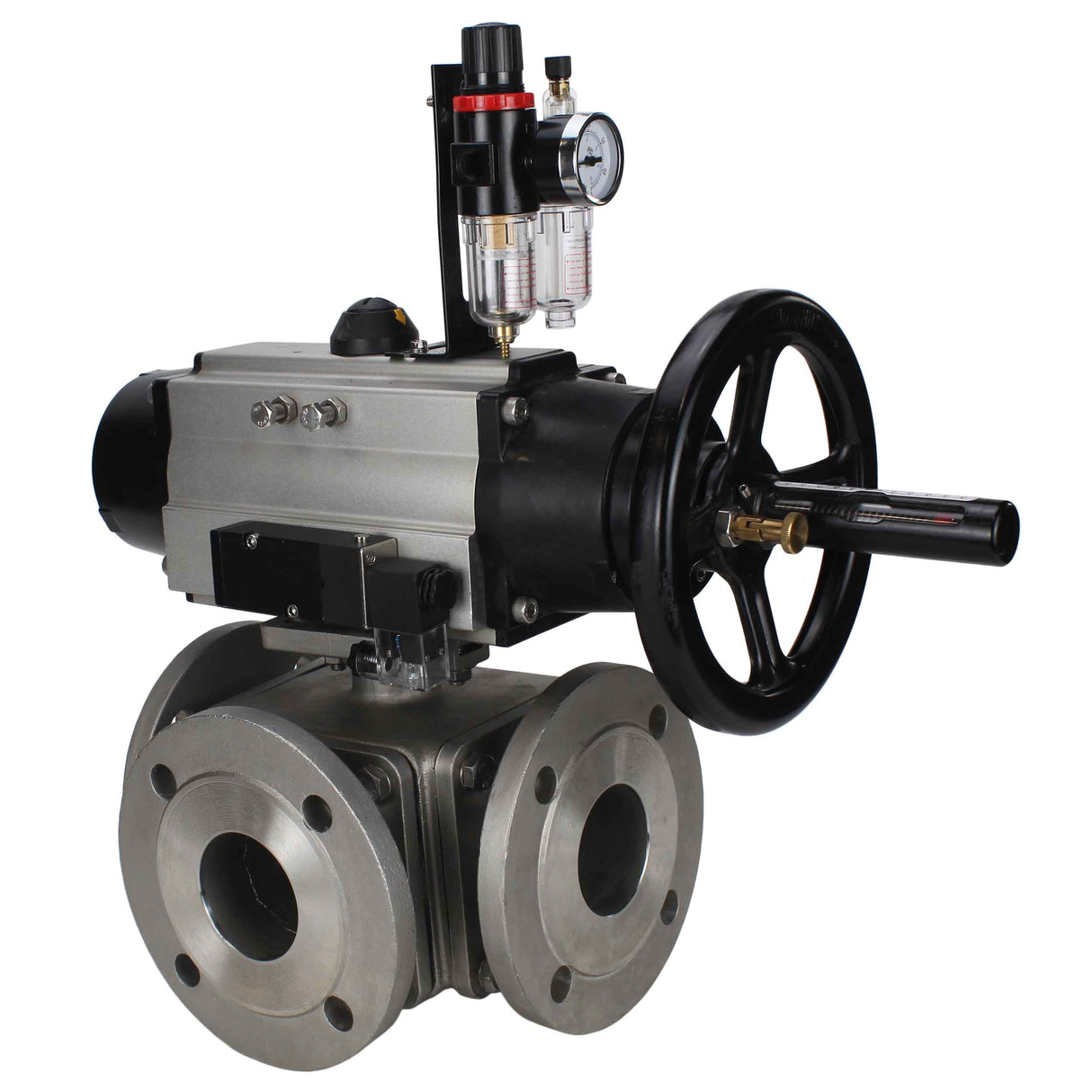 Ball valves Elephant BV3232P(4pc)-FP-3WL-F-ISO-H DN100 16 bar full bore, flanged, body - stainless steel SS316, ISO flange F10/F12, square 19x19, with double pneumatic actuator PA-DA-105-1 action, pneumatic distributor 4M310-08 220V and ATU AFC2000