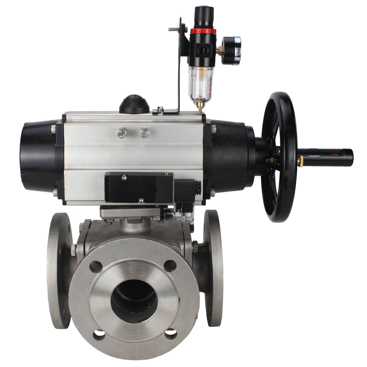Ball valves Elephant BV3232P(4pc)-FP-3WL-F-ISO-H DN100 16 bar full bore, flanged, body - stainless steel SS316, ISO flange F10/F12, square 19x19, with double pneumatic actuator PA-DA-105-1 action, pneumatic distributor 4M310-08 220V and ATU AFC2000