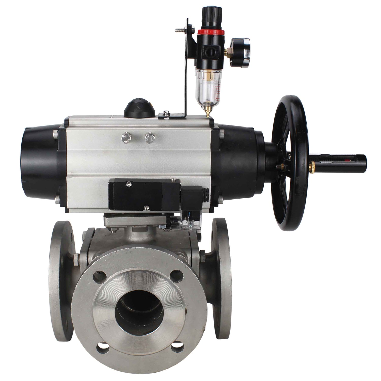 Ball valves Elephant BV3232P(4pc)-FP-3WL-F-ISO-H DN100 16 bar full bore, flanged, body - stainless steel SS316, ISO flange F10/F12, square 19x19, with double pneumatic actuator PA-DA-105-1 action, pneumatic distributor 4M310-08 NAMUR 24V and ATU AFC2000