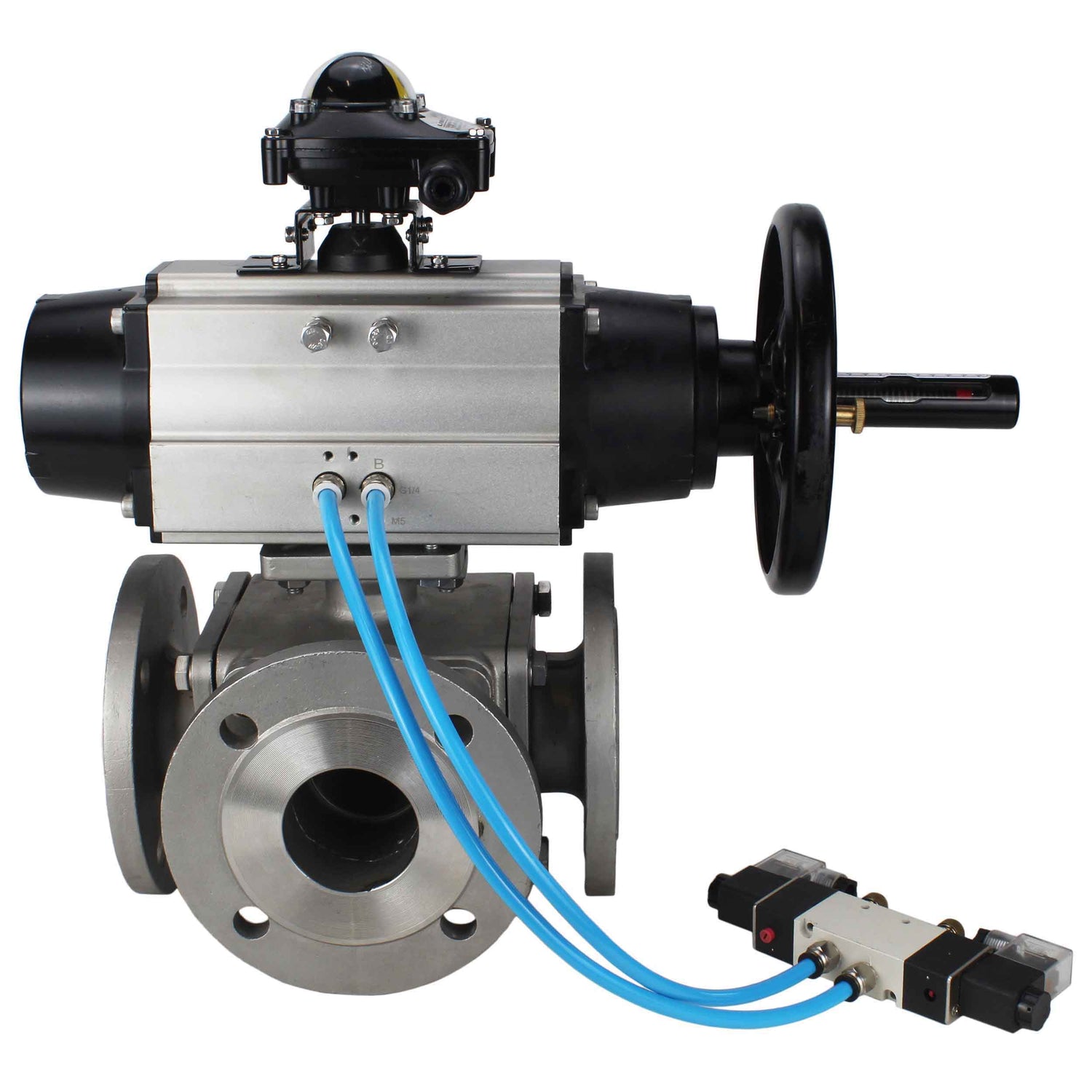 Ball valves Elephant BV3232P(4pc)-FP-3WL-F-ISO-H DN100 16 bar full bore, flanged, body - stainless steel SS316, ISO flange F10/F12, square 19x19, with double pneumatic actuator PA-DA-105-1 action, pneumatic distributor 4V320-8 220V and LSU APL-210N