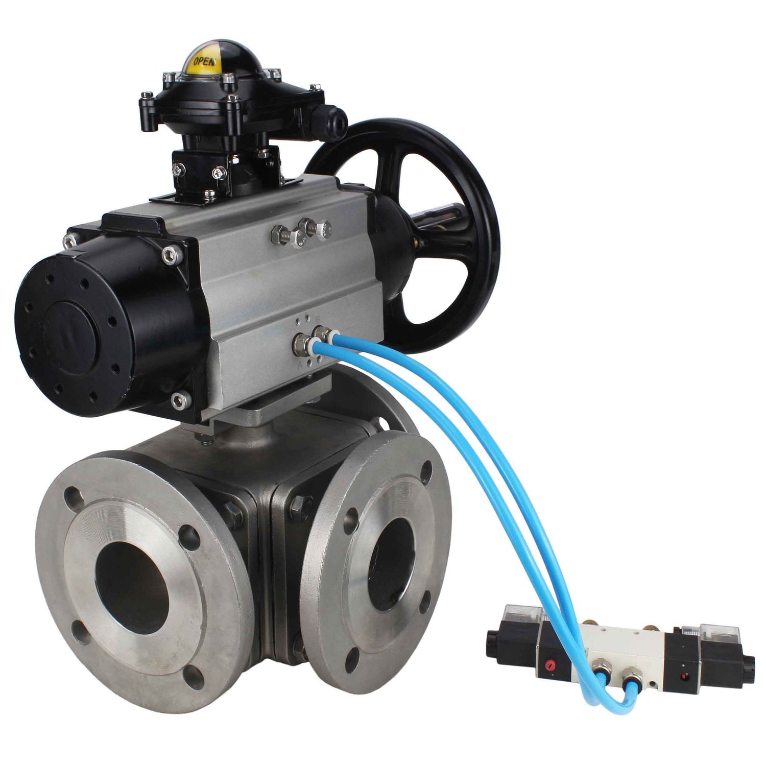 Ball valves Elephant BV3232P(4pc)-FP-3WL-F-ISO-H DN100 16 bar full bore, flanged, body - stainless steel SS316, ISO flange F10/F12, square 19x19, with double pneumatic actuator PA-DA-105-1 action, pneumatic distributor 4V320-8 220V and LSU APL-210N