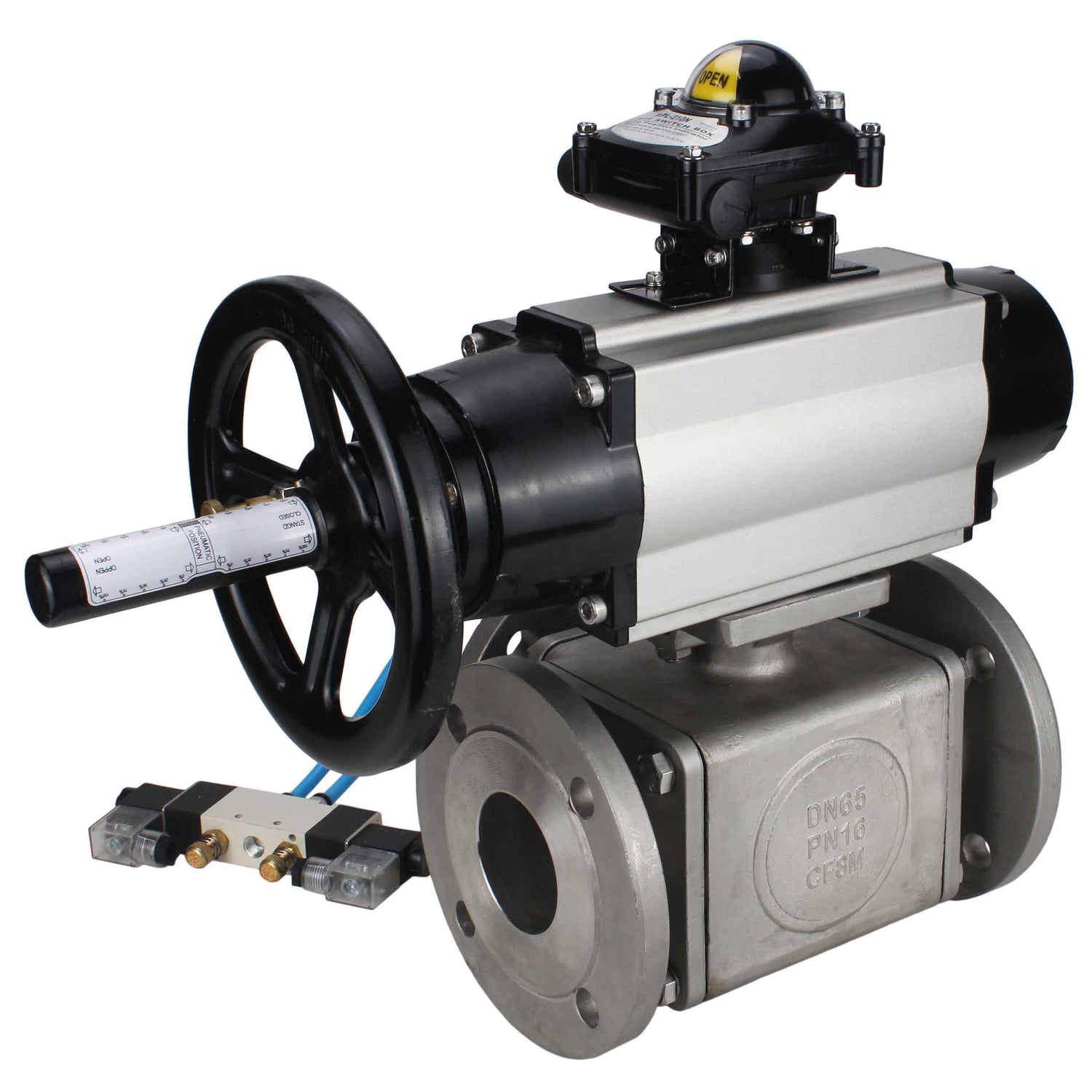 Ball valves Elephant BV3232P(4pc)-FP-3WL-F-ISO-H DN100 16 bar full bore, flanged, body - stainless steel SS316, ISO flange F10/F12, square 19x19, with double pneumatic actuator PA-DA-105-1 action, pneumatic distributor 4V320-10 220V and LSU APL-210N