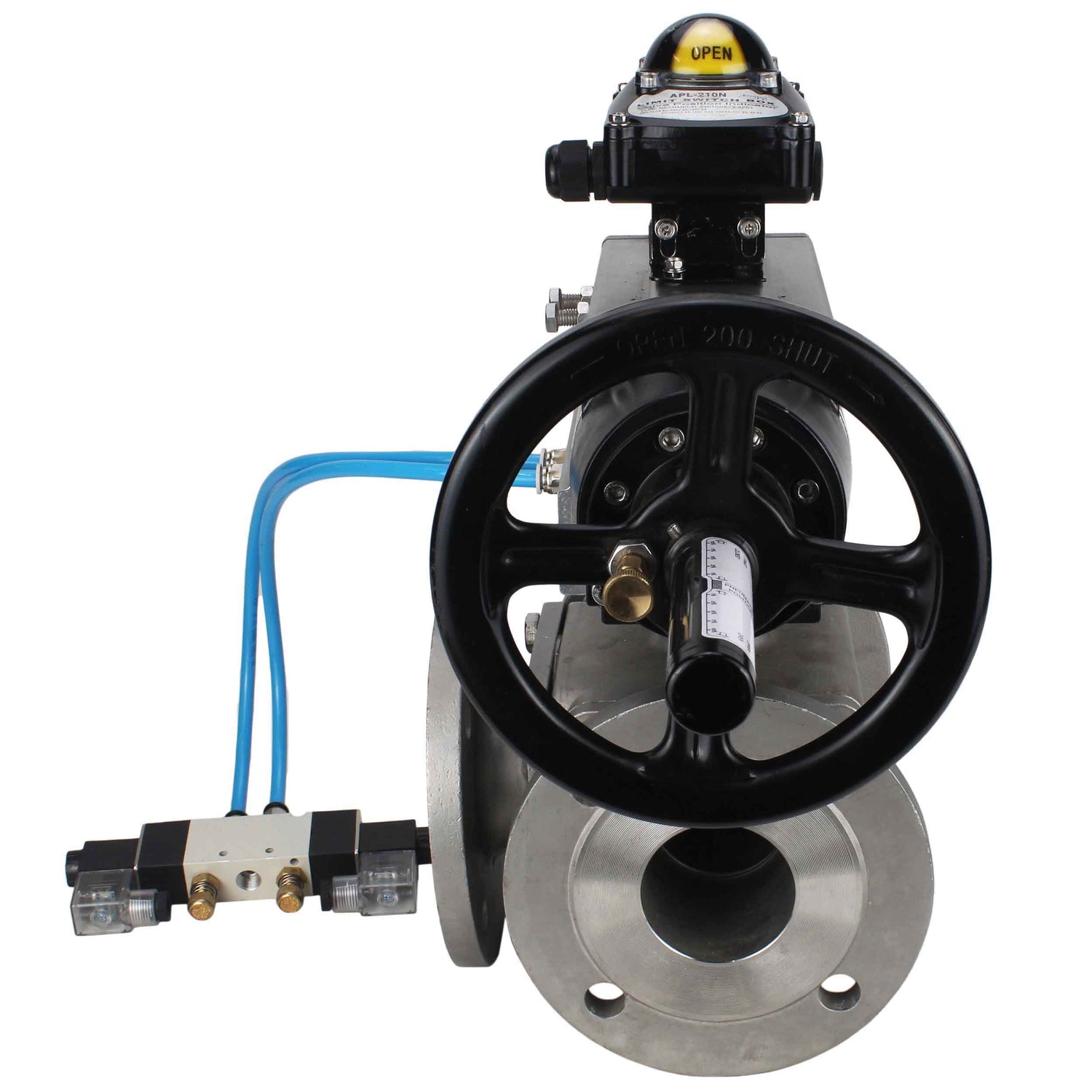 Ball valves Elephant BV3232P(4pc)-FP-3WL-F-ISO-H DN100 16 bar full bore, flanged, body - stainless steel SS316, ISO flange F10/F12, square 19x19, with double pneumatic actuator PA-DA-105-1 action, pneumatic distributor 4V320-10 220V and LSU APL-210N