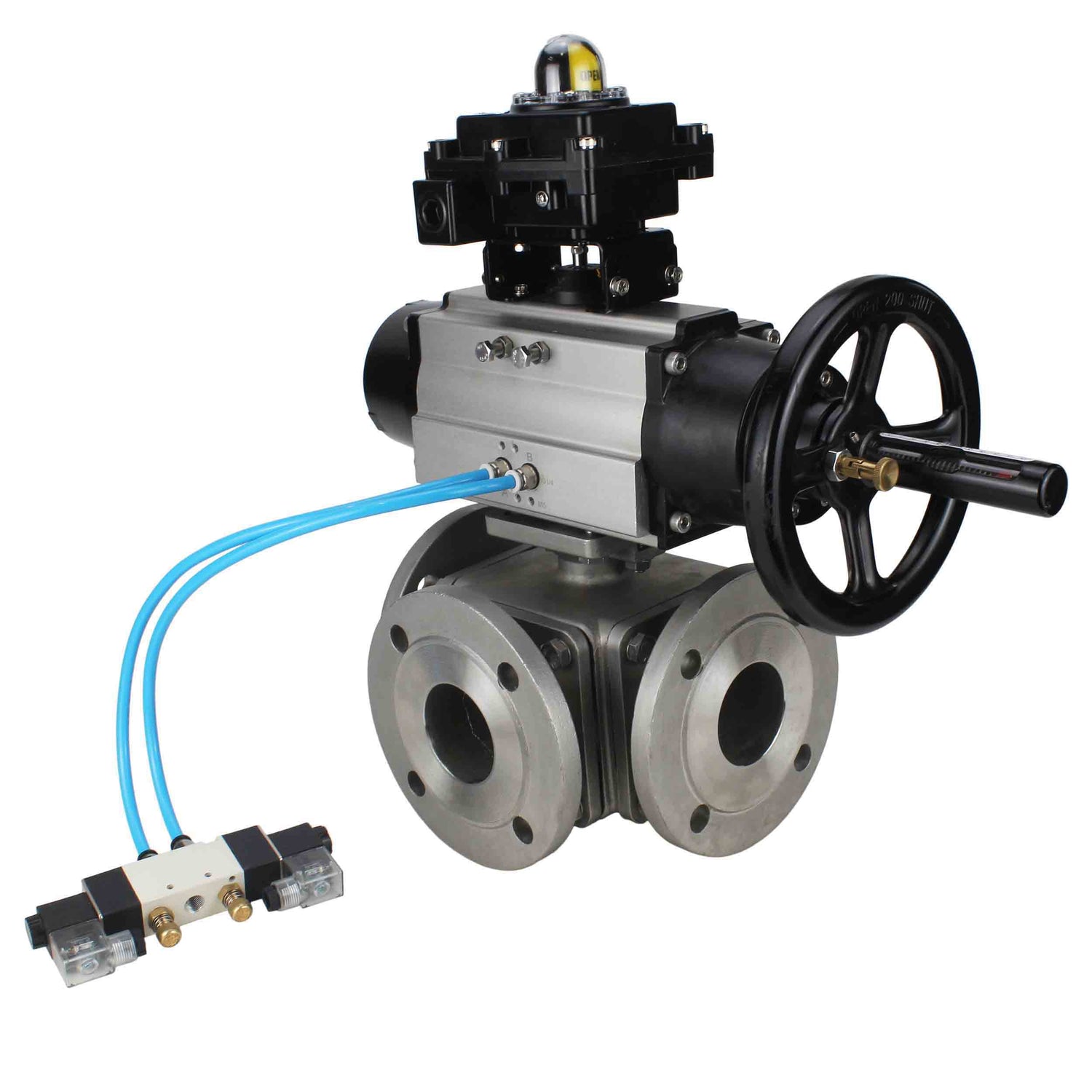 Ball valves Elephant BV3232P(4pc)-FP-3WL-F-ISO-H DN100 16 bar full bore, flanged, body - stainless steel SS316, ISO flange F10/F12, square 19x19, with double pneumatic actuator PA-DA-105-1 action, pneumatic distributor 4V320-8 220V and LSU APL-410N EX