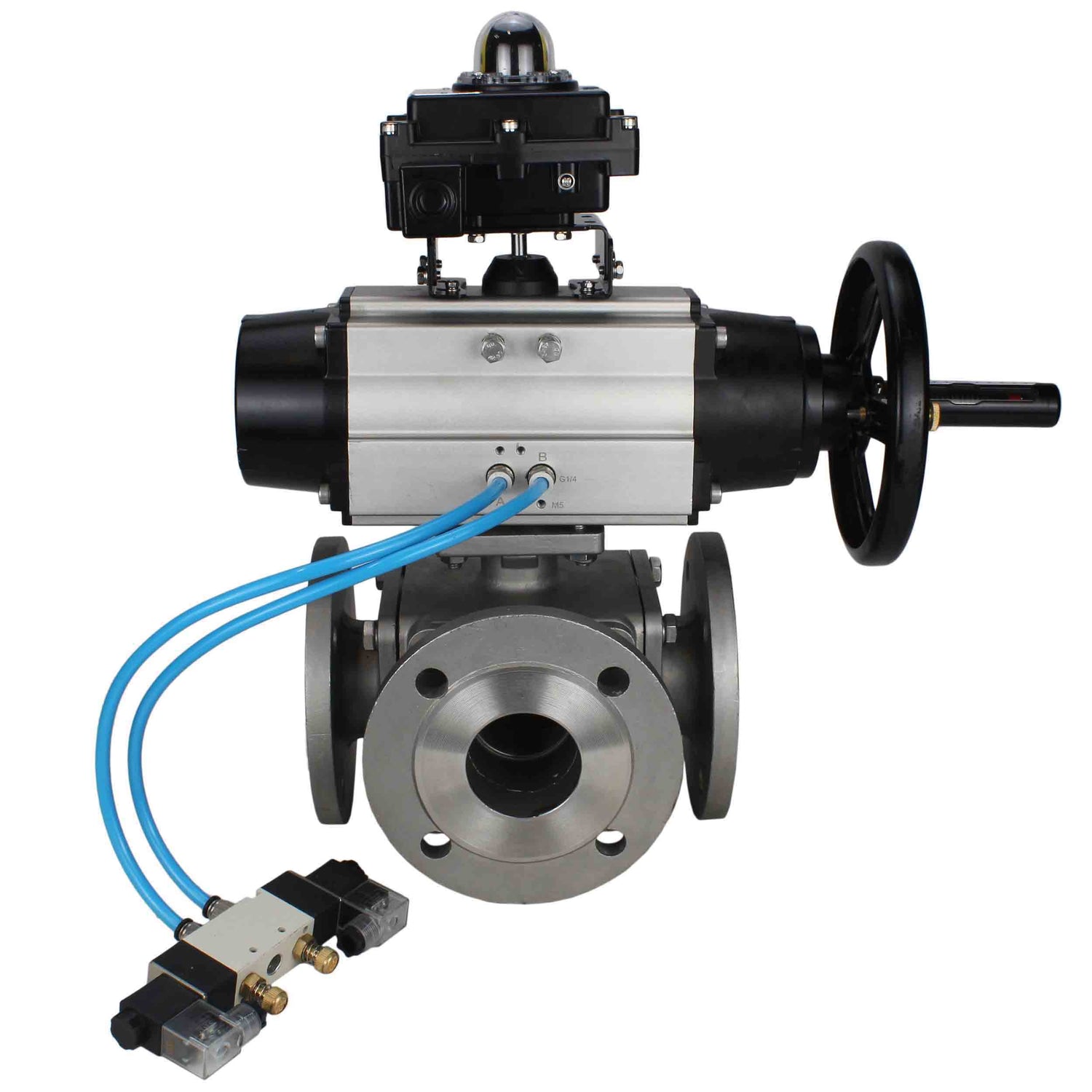 Ball valves Elephant BV3232P(4pc)-FP-3WL-F-ISO-H DN100 16 bar full bore, flanged, body - stainless steel SS316, ISO flange F10/F12, square 19x19, with double pneumatic actuator PA-DA-105-1 action, pneumatic distributor 4V320-8 220V and LSU APL-410N EX