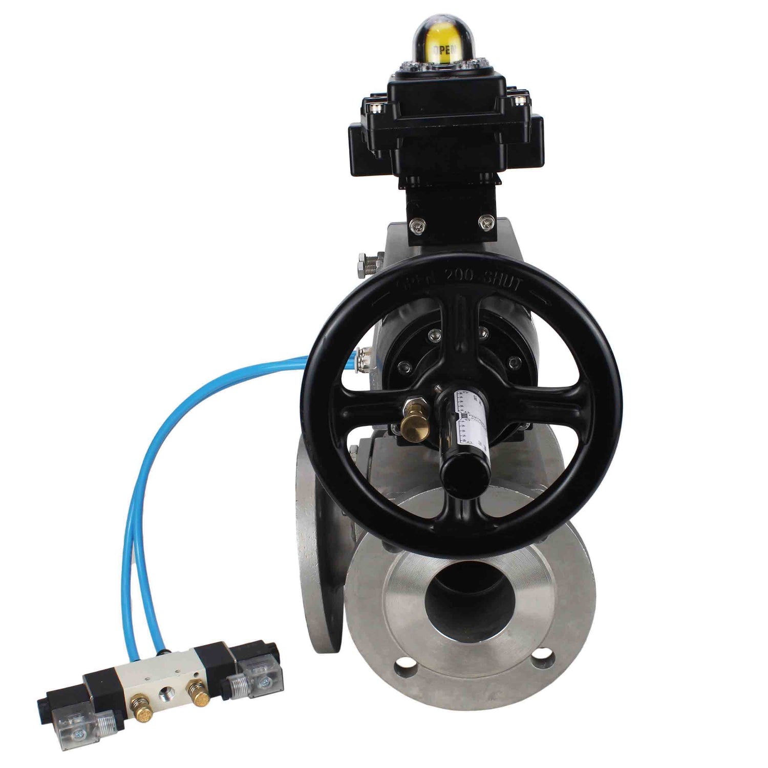 Ball valves Elephant BV3232P(4pc)-FP-3WL-F-ISO-H DN100 16 bar full bore, flanged, body - stainless steel SS316, ISO flange F10/F12, square 19x19, with double pneumatic actuator PA-DA-105-1 action, pneumatic distributor 4V320-8 220V and LSU APL-410N EX